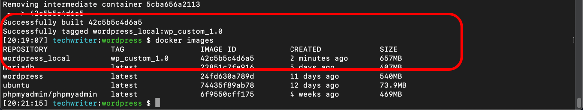 Screenshot displaying terminal output from docker build command.